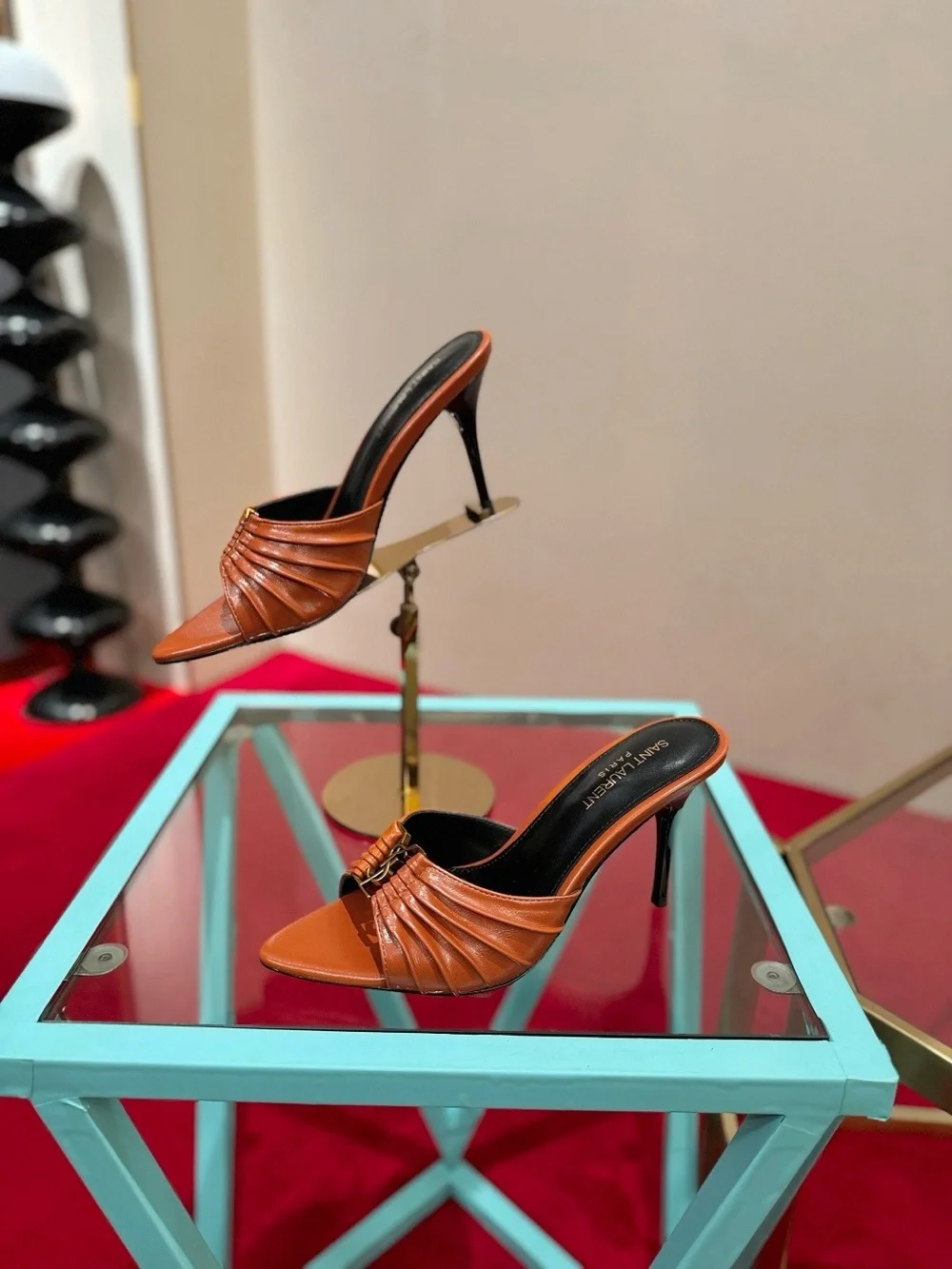 Saint Laurent Tan Leather Ruched Slide Heels with Gold YSL Accent